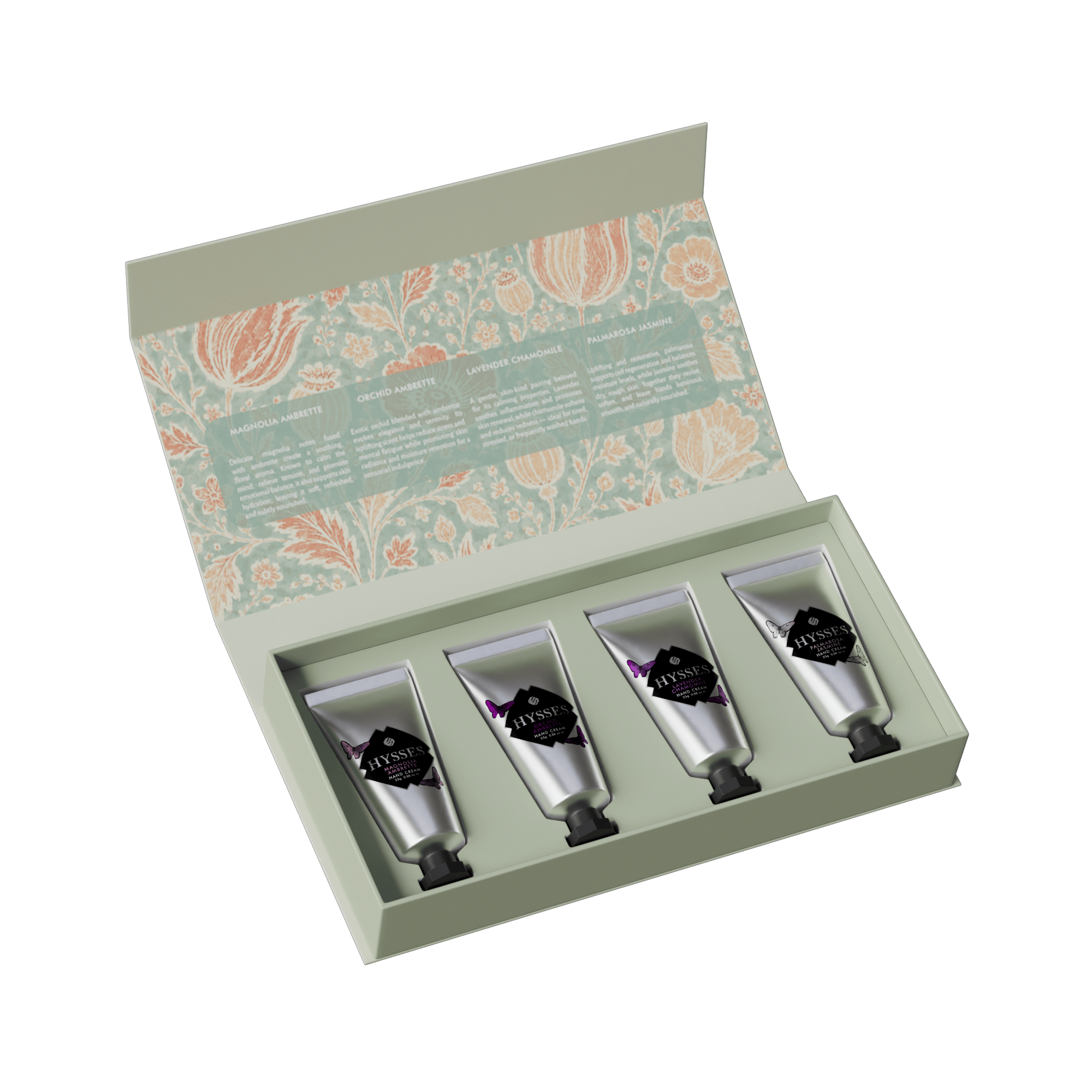 Hysses Gifts Gift Set Of 4 Hand Cream, 25g (Magnolia Ambrette Β· Orchid Ambrette Β· Lavender Chamomile Β· Palmarosa Jasmine)