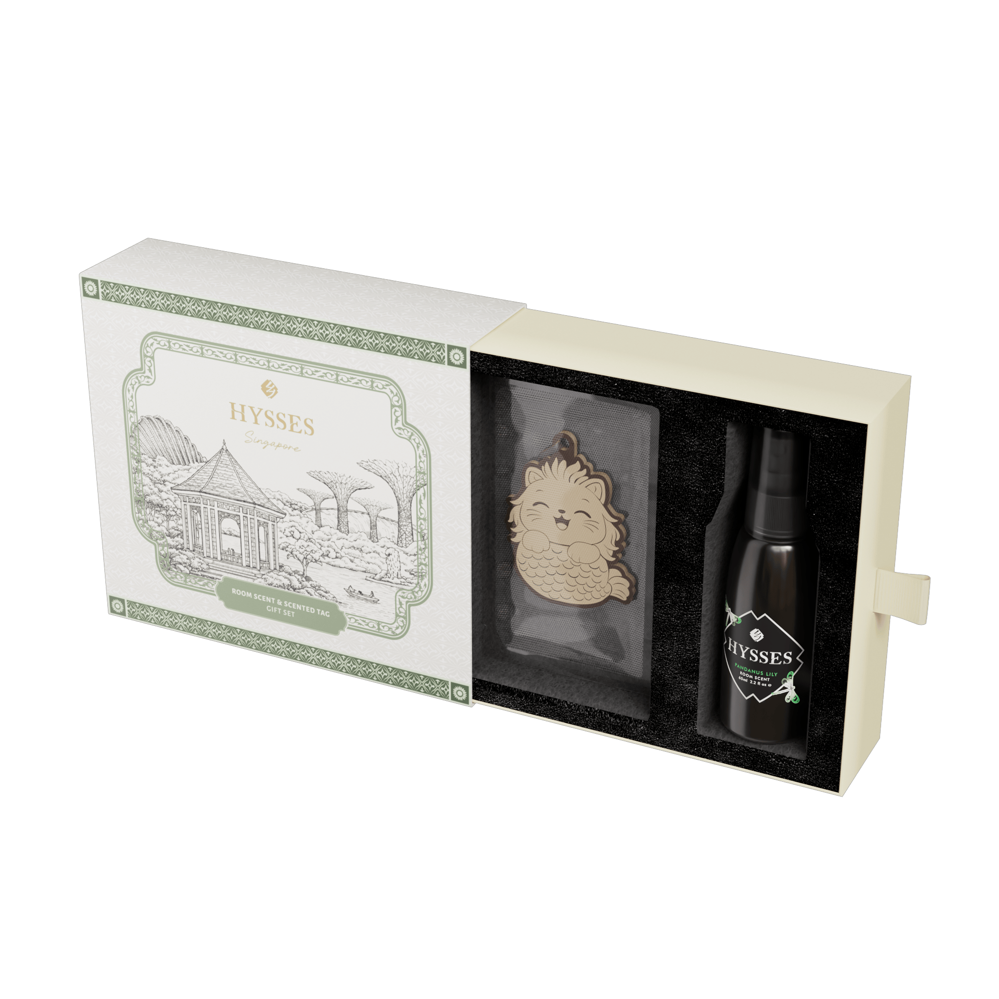 Hysses Singapore Home & Scent Gift Set of 2, Tasek Mercat Scented Tag & Room Scent, Pandanus Lily