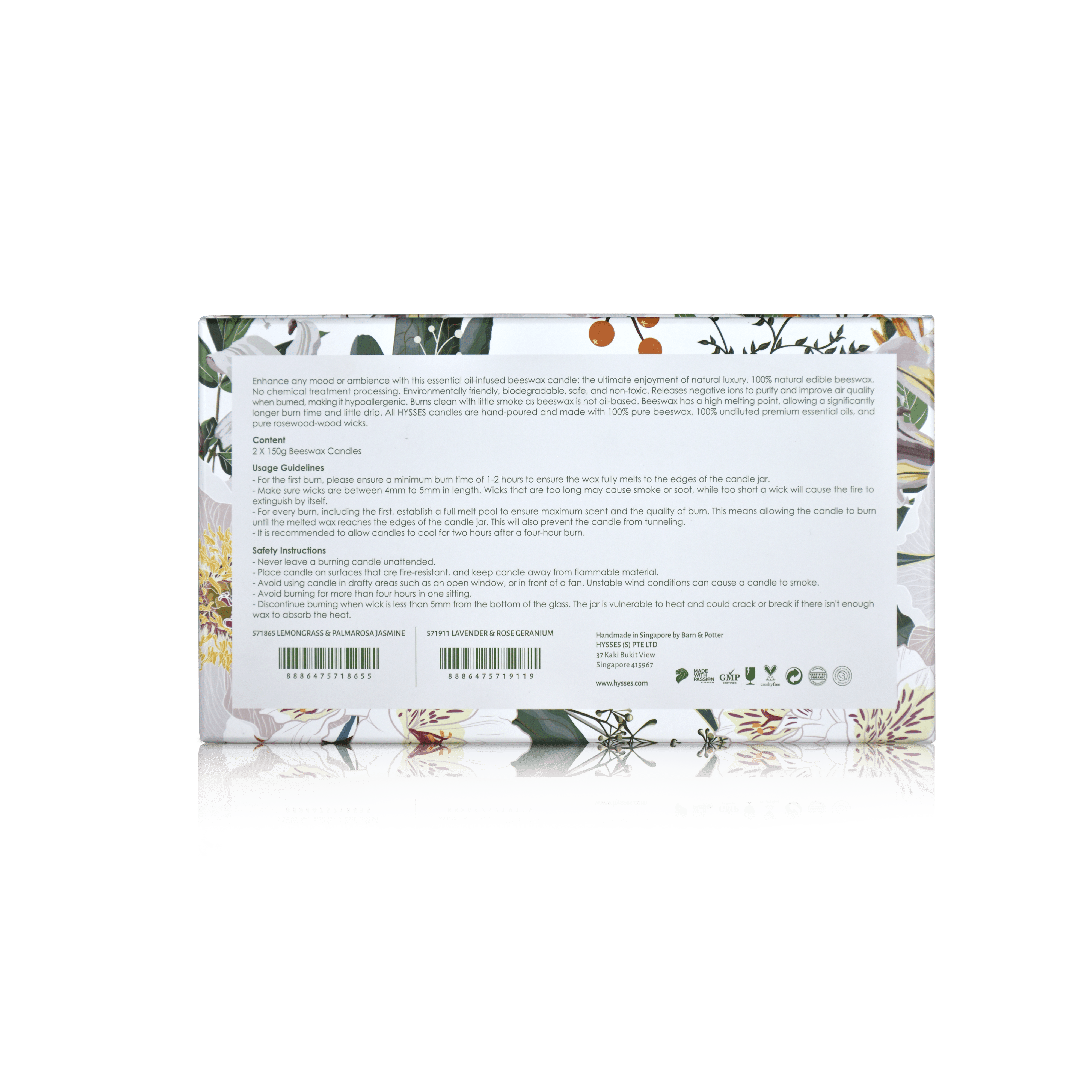 Hysses Singapore Gifts Gift Set Of 2 Beeswax Candles, & Rose Geranium, 150g Lavender