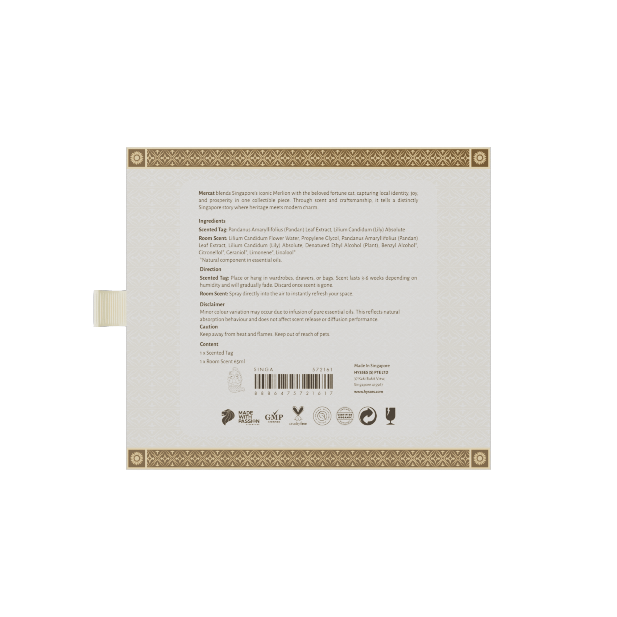 Hysses Singapore Home & Scent Gift Set of 2, Singa Mercat Scented Tag & Room Scent, Pandanus Lily
