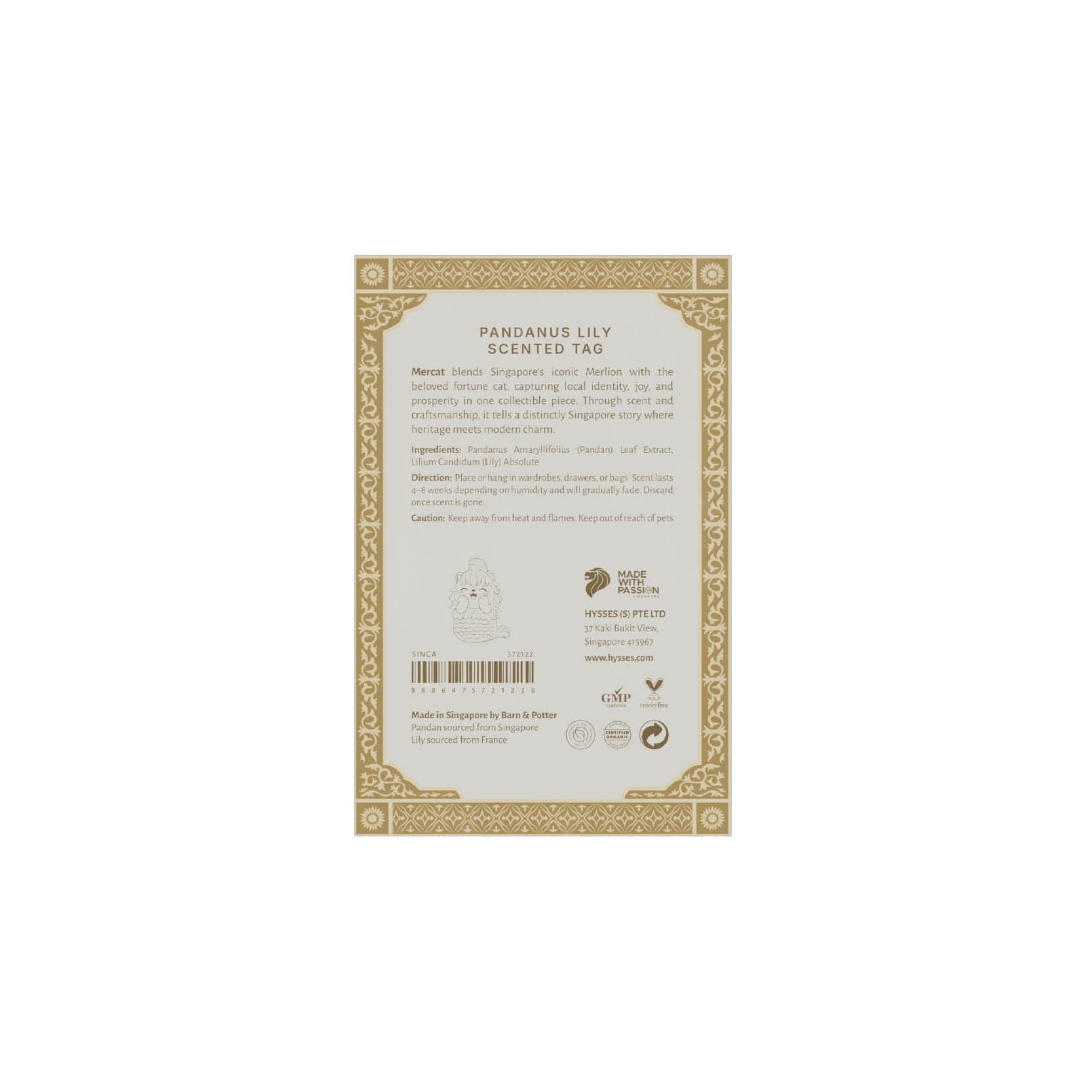 Hysses Singapore Home & Scent Mercat Scented Tag, Singa, Pandanus Lily