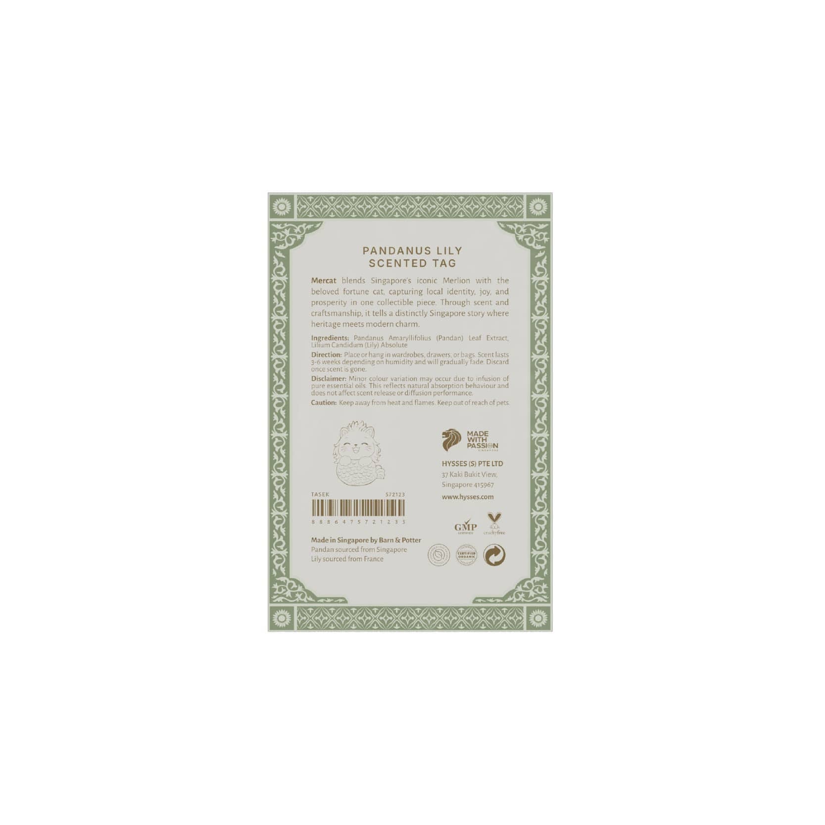 Hysses Singapore Home & Scent Mercat Scented Tag, Tasek, Pandanus Lily