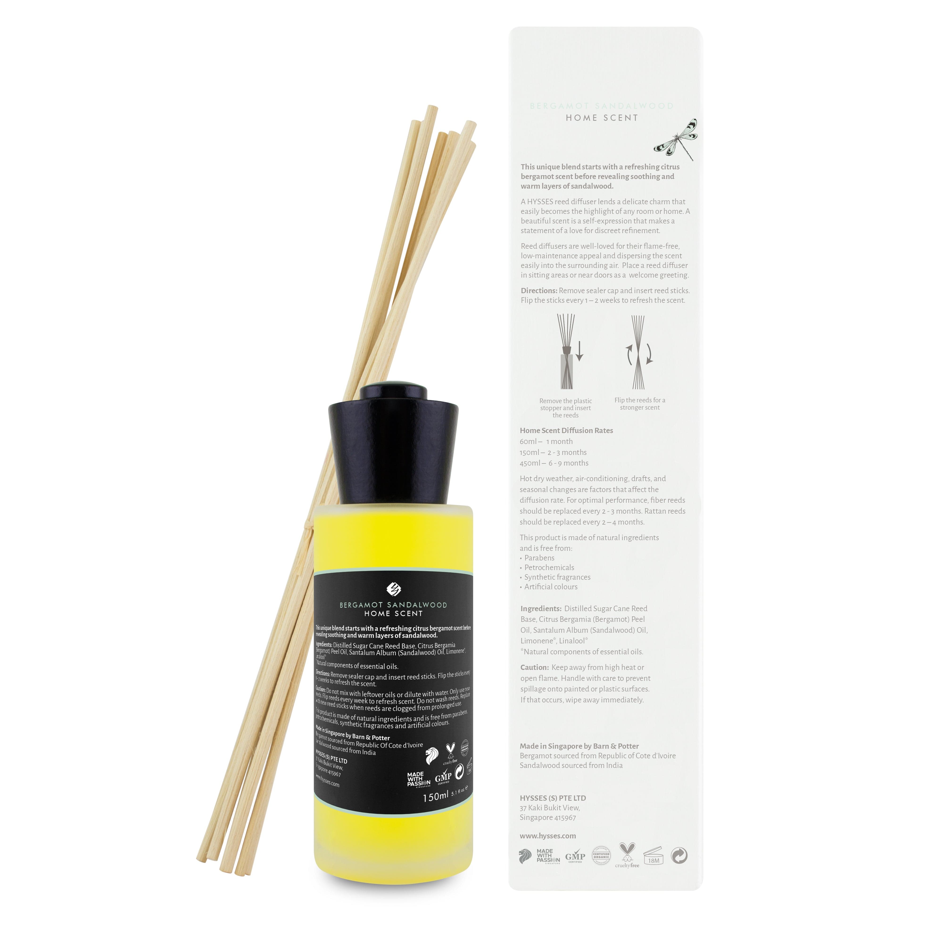 Hysses Home Scents 150ml Home Scent Reed Diffuser Bergamot Sandalwood, 150ml