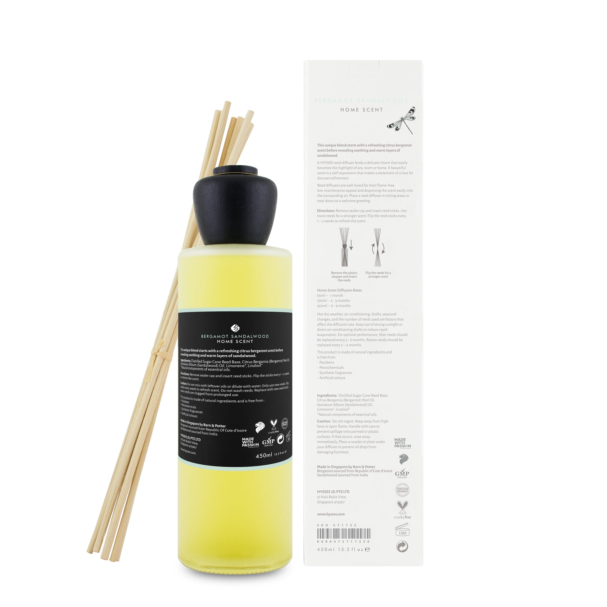 Hysses Home Scents 450ml Home Scent Reed Diffuser Bergamot Sandalwood, 450ml