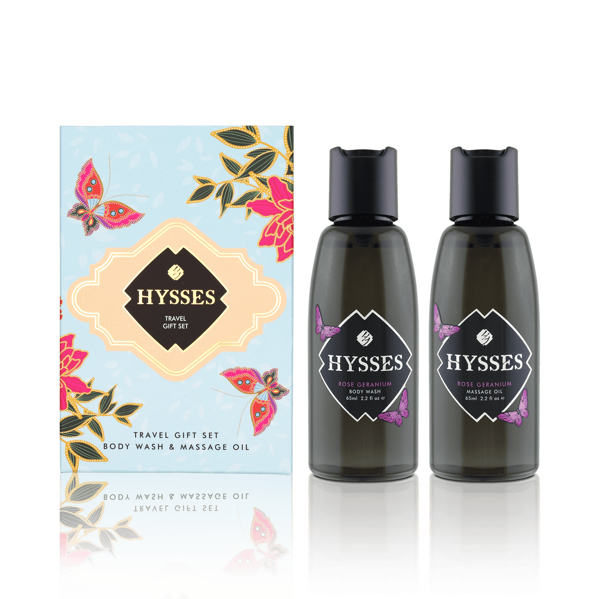 Hysses Body Care Rose Geranium Travel Gift Set (Body Wash &amp; Massage Oil)