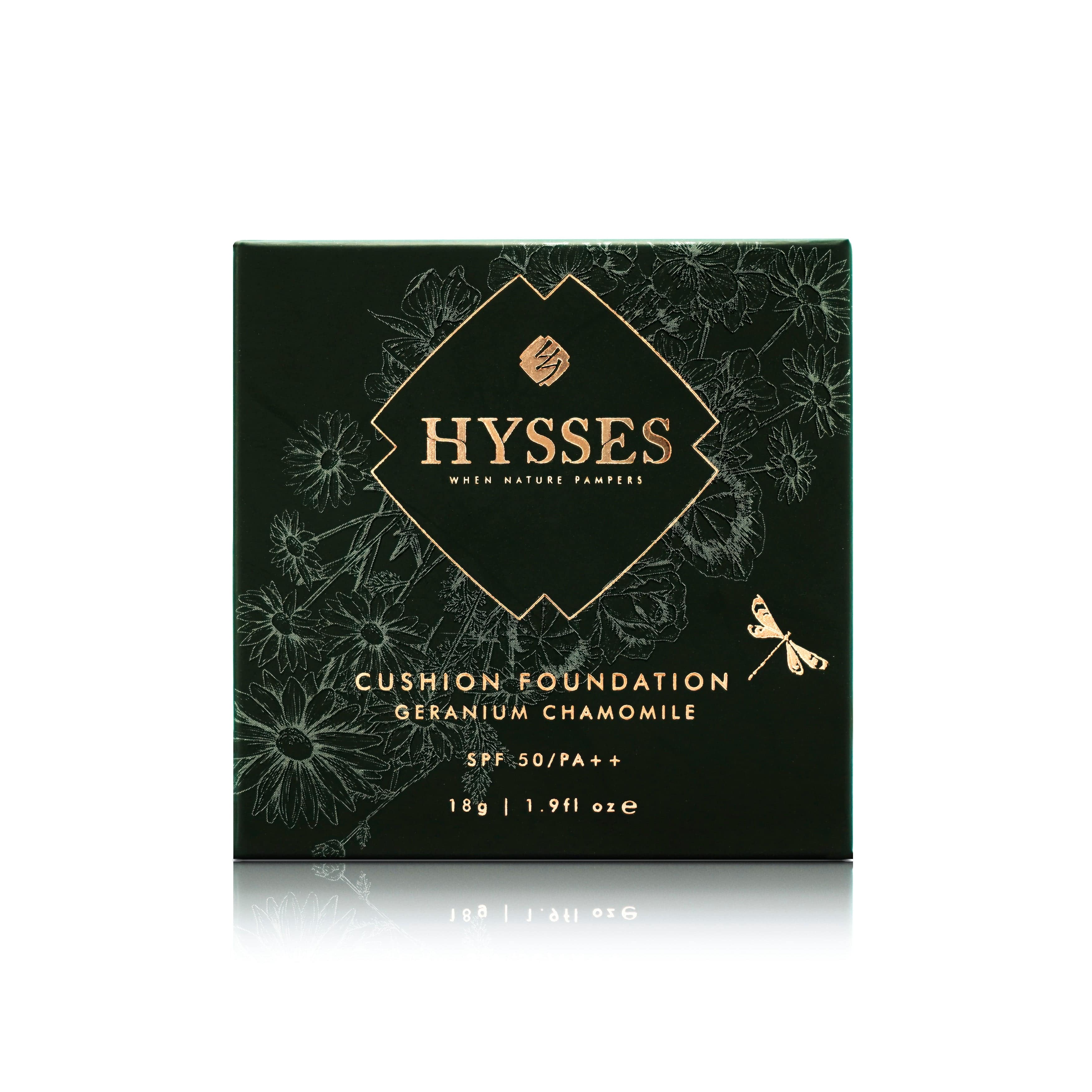 Hysses Face Care Absolute Coverage Cushion Foundation Geranium Chamomile Broad Spectrum SPF50/PA++