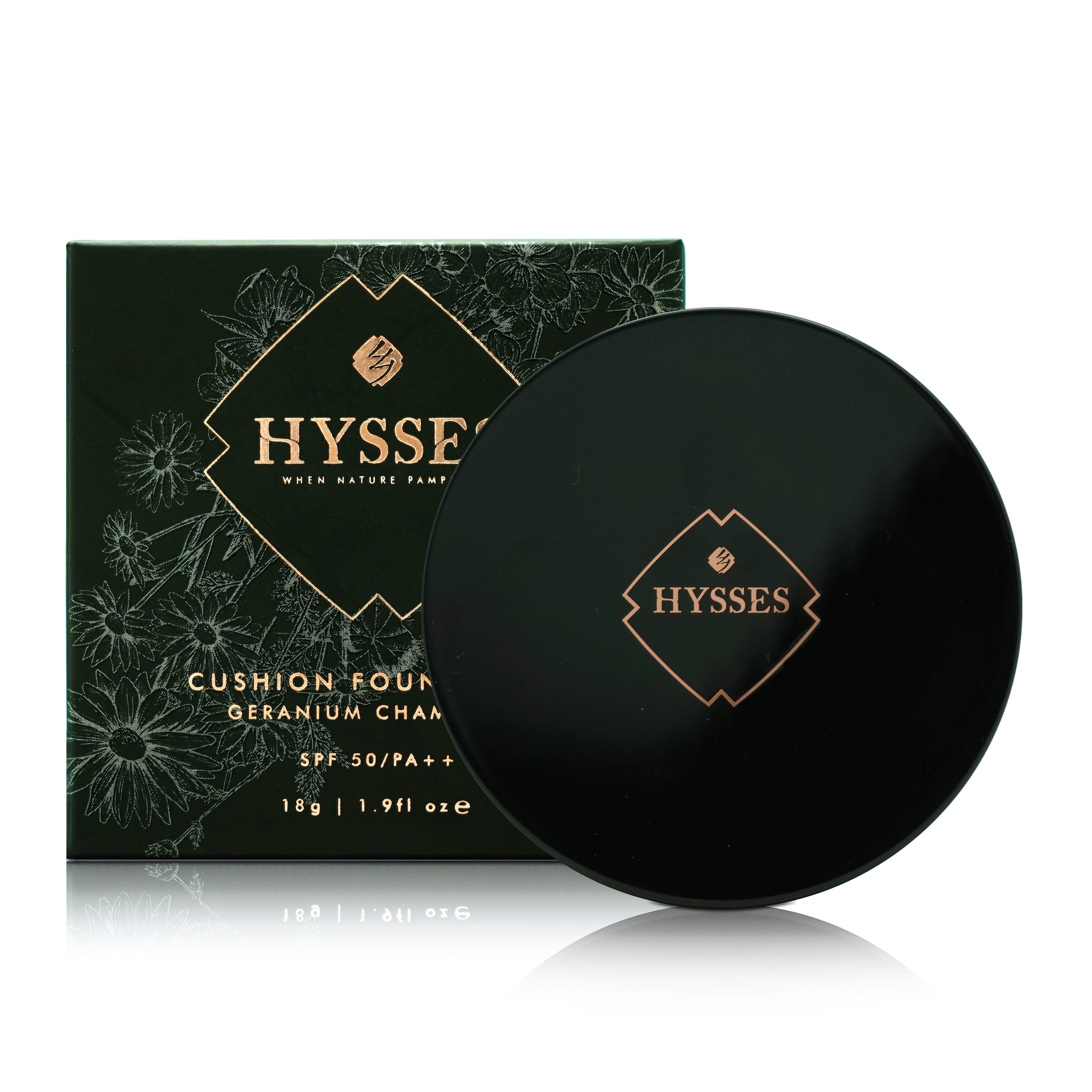 Hysses Face Care Tan Absolute Coverage Cushion Foundation Geranium Chamomile, Tan, Broad Spectrum SPF50/PA++